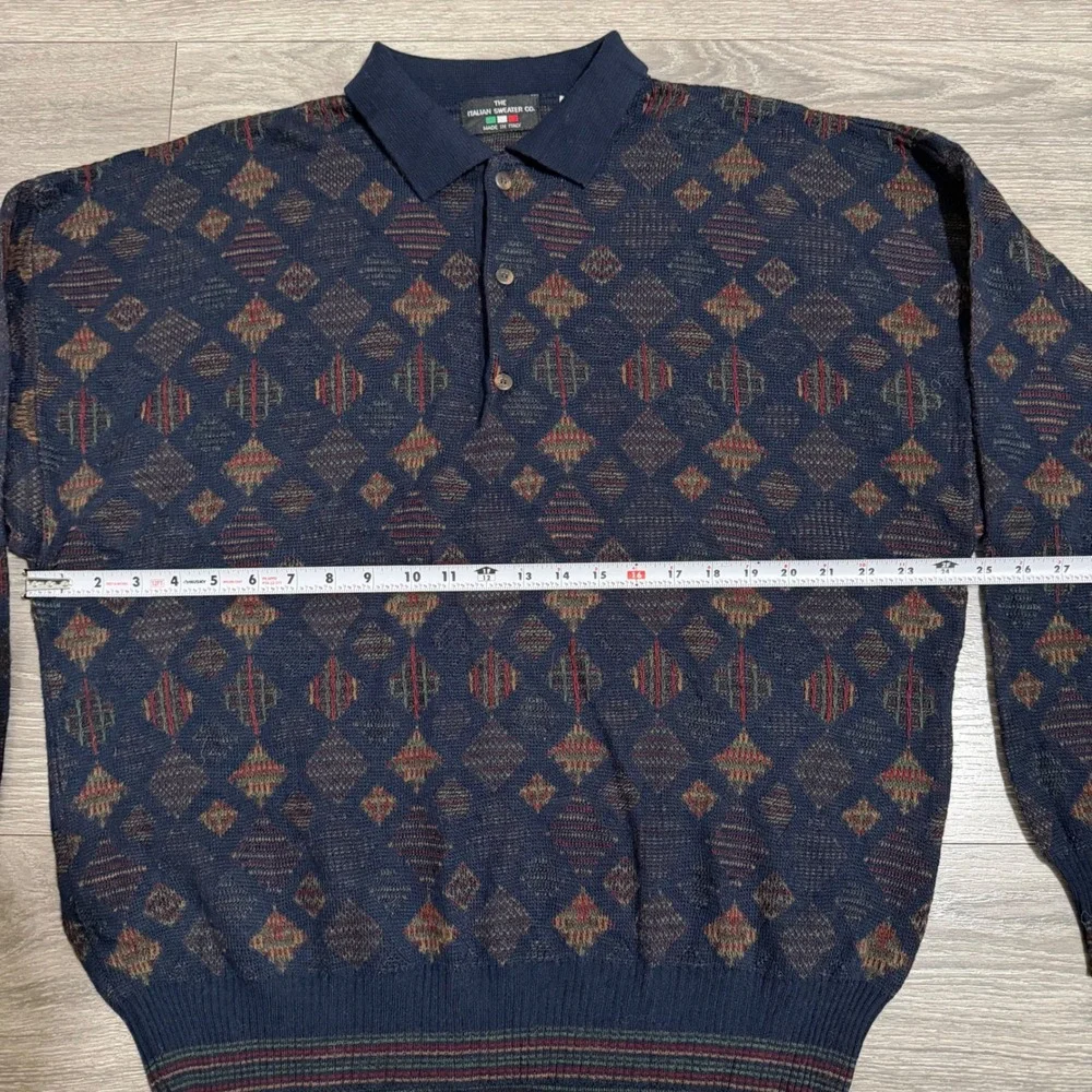 Vintage 80s The Italian Sweater Men L Wool Blend Navy Diamond Knit Polo Sweater